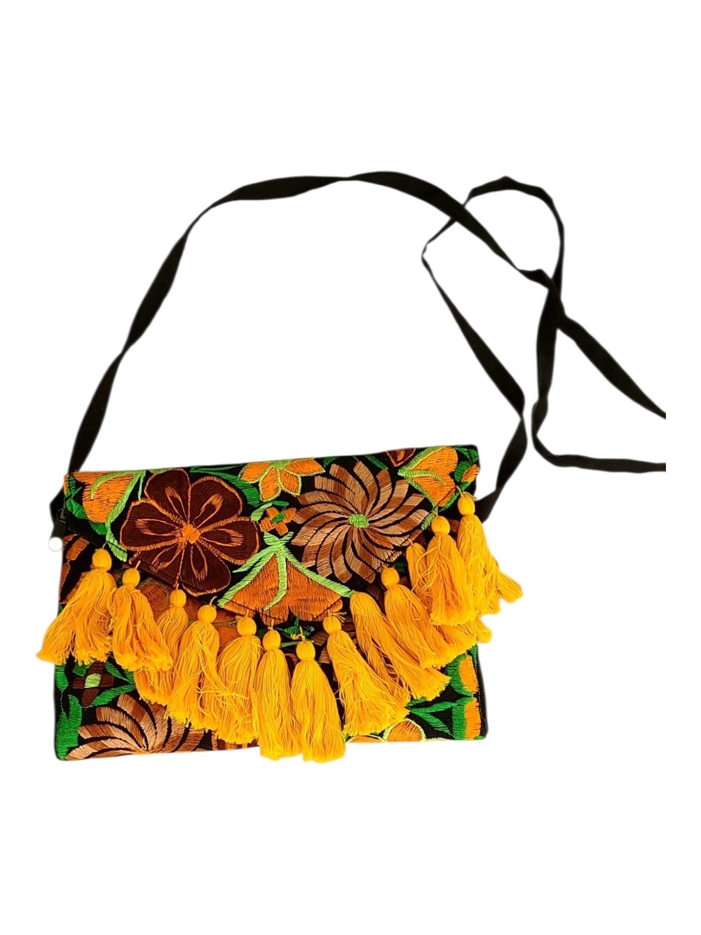 Mexican Embroidered Floral Tassel Crossbody Bag - Yellow